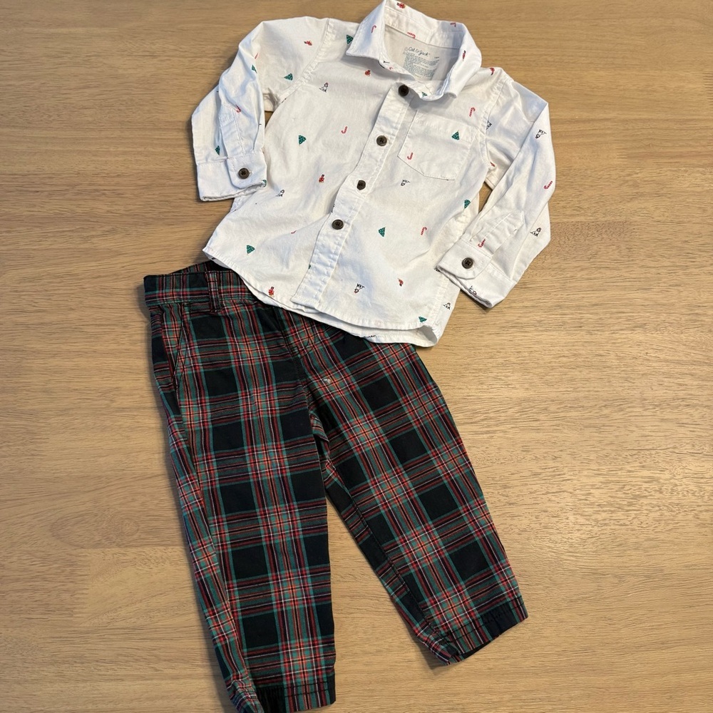 Cat & Jack Festive Christmas White Shirt with Red and Green Pants 18M